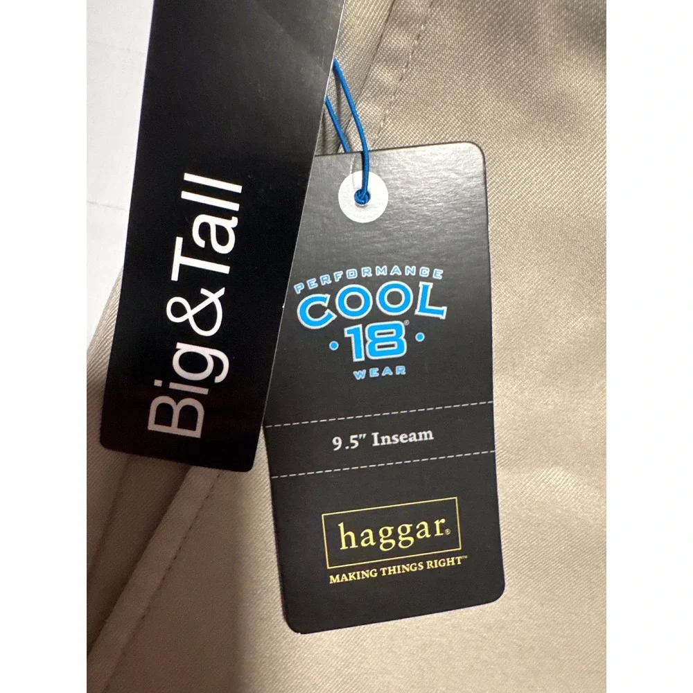 Haggar Cool 18 Mens Shorts 48W Big & Tall Khaki Expandable Waist 9.5 Inseam NEW